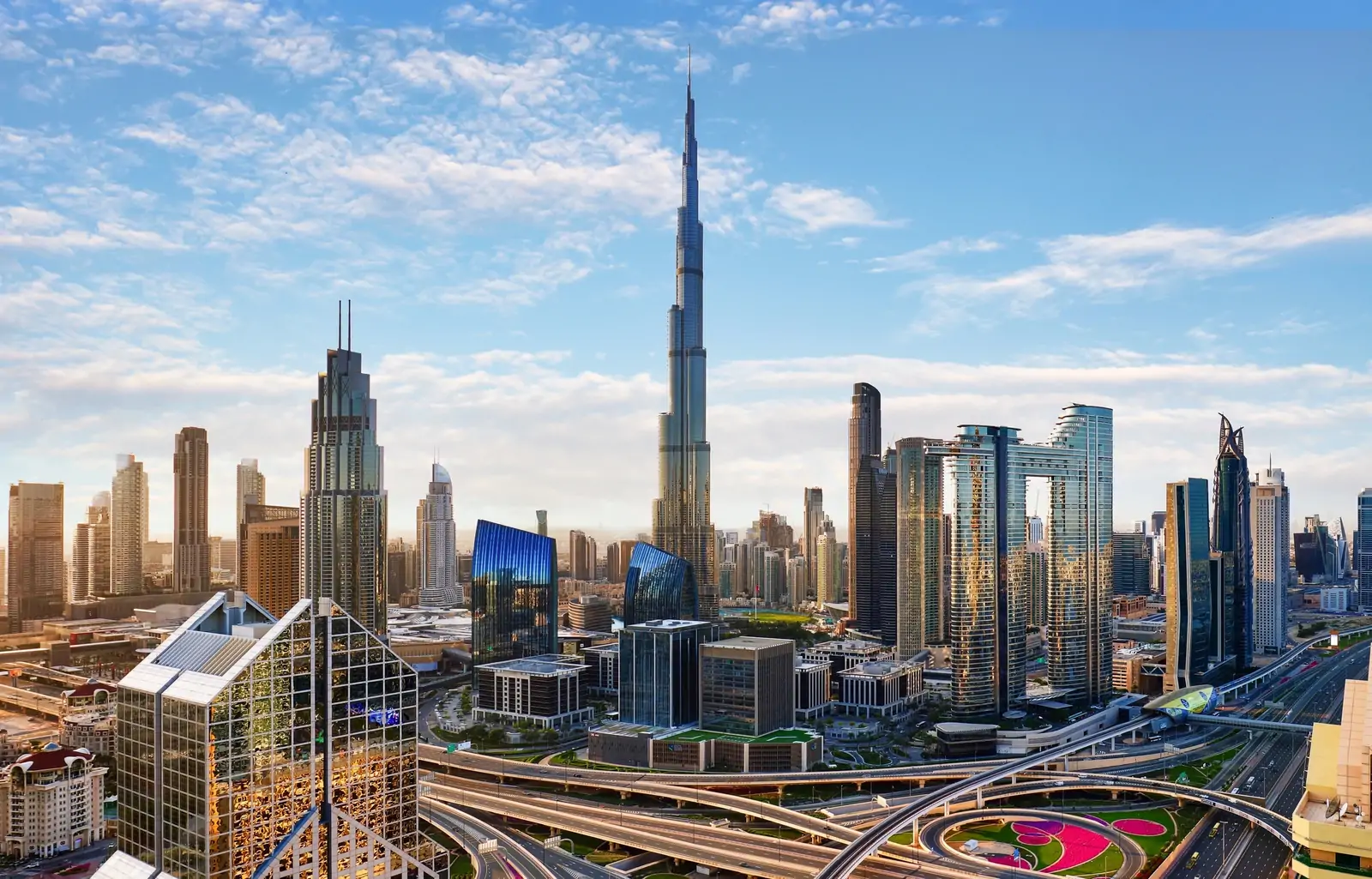 Downtown Dubai, with the Burj Khalifa above the surrounding towers and highways